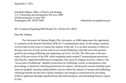 [ai] A formal letter dated September 1, 2021, addressed to Elizabeth Dallam from the Advocates for Human Rights. The letter discusses comments on the Interim Final Rule for nonimmigrant status, analyzing its sections and their implications.